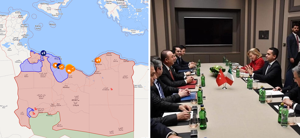 Nella mappa, in blu le zone controllate dal governo di al-Sarraj, in rosso quelle conquistate del generale ribelle Haftar. Fonte libya.liveuamap.com Nella mappa, in blu le zone controllate dal governo di al-Sarraj, in rosso quelle conquistate del generale ribelle Haftar